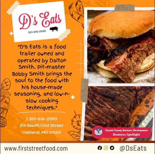 Todays Business Spotlight 🥪 is on D's Eats! 
Visit them at www.firststreetfood.com or D’s Eats 
Follow us to see more daily Garrett County Business Spotlights!
If you are interested in having your business featured contact Connor Norman at cnorman@garrettcounty.org. #businessdevelopment #garrettcountymd